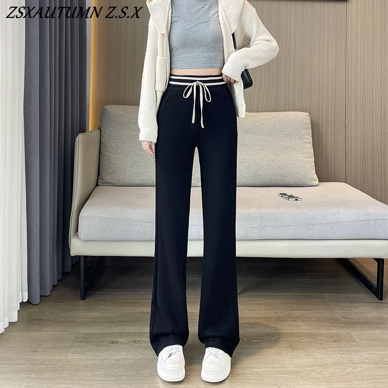 2024 New Cashmere Bell-bottom Pants Women Autumn and Winter High Waist Sports Casual Glutinous Rice Pants Thick Warm Trousers