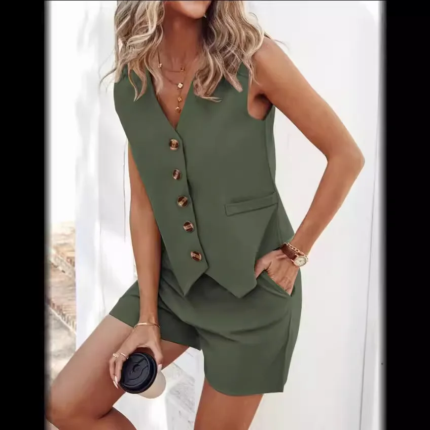 2024 Spring and Summer Fashionable Sleeveless Women Suit Office lady V Neck Vest Suits Casual Solid Color Shorts Two-piece Set