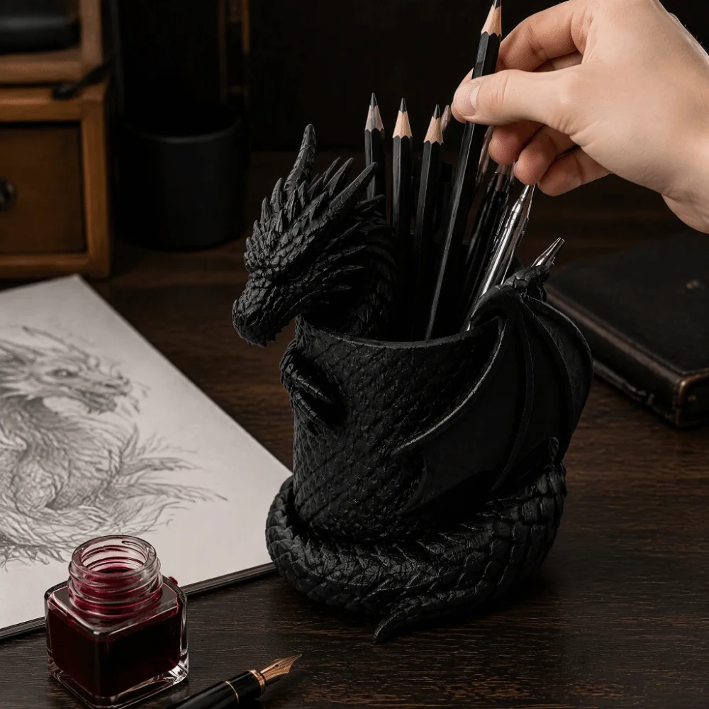 3D Printed Dragon Pen Holder Statue Realistic Gothic Black Makeup Brush Box Plastic Dark Style Desk Organizer Halloween Ornament