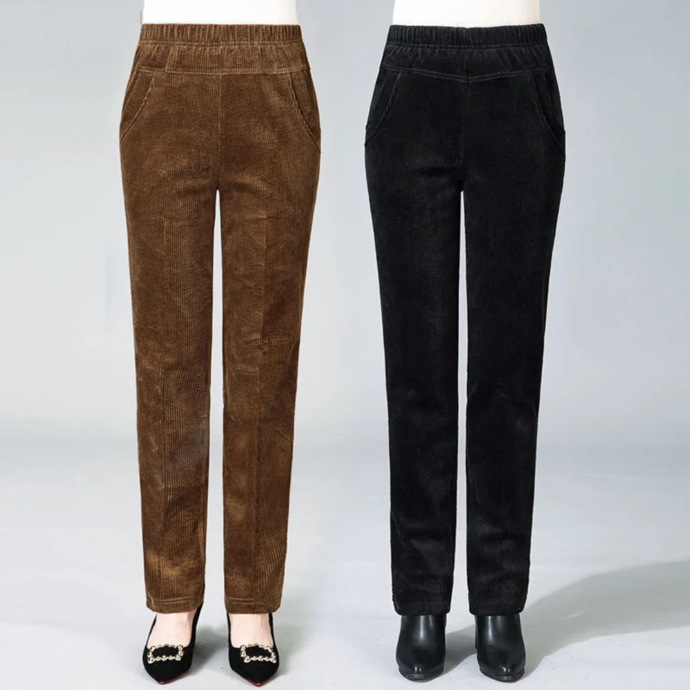 Winter Warm Cashmere Trousers Vintage Slim Waist Add Velvet Lady Pants Casual Thickening Corduroy Straight Pants Women