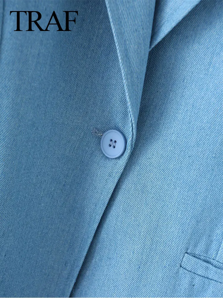 Traf 2024 Lente Dames Blauwe Blazer Stevige Lange Mouwen Zakken Elegante Single Knoop Woon-Werkverkeer Kantoor Dames Dames Streetwear