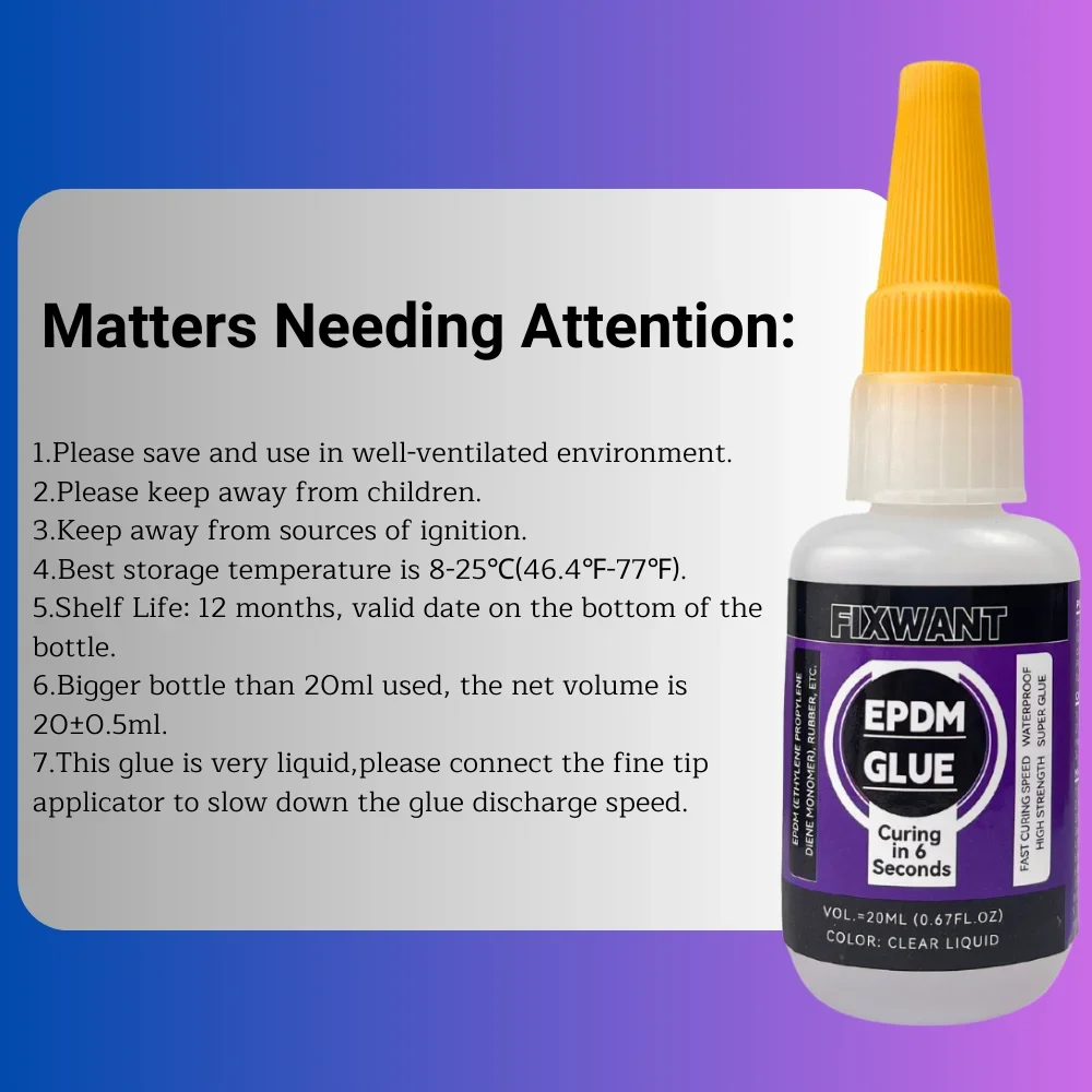 6 Seconds Fast Drying EPDM Ethylene Propylene Diene Monomer Rubber Glue 20ML