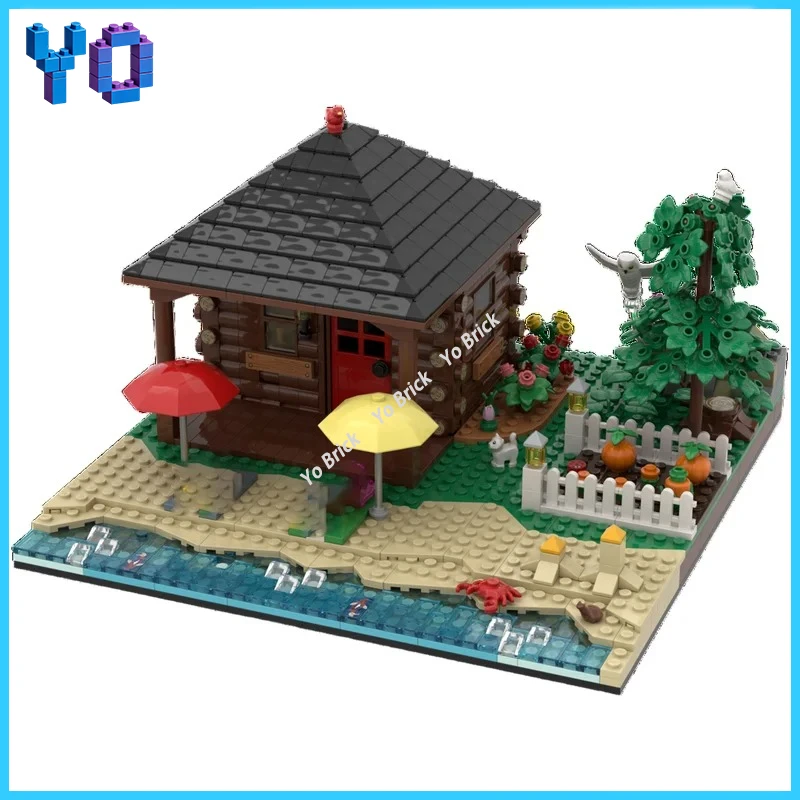 Detailed Beachside Log Cabin Building Blocks, Vacation House MOC Model, DIY Desktop Scene Collectible