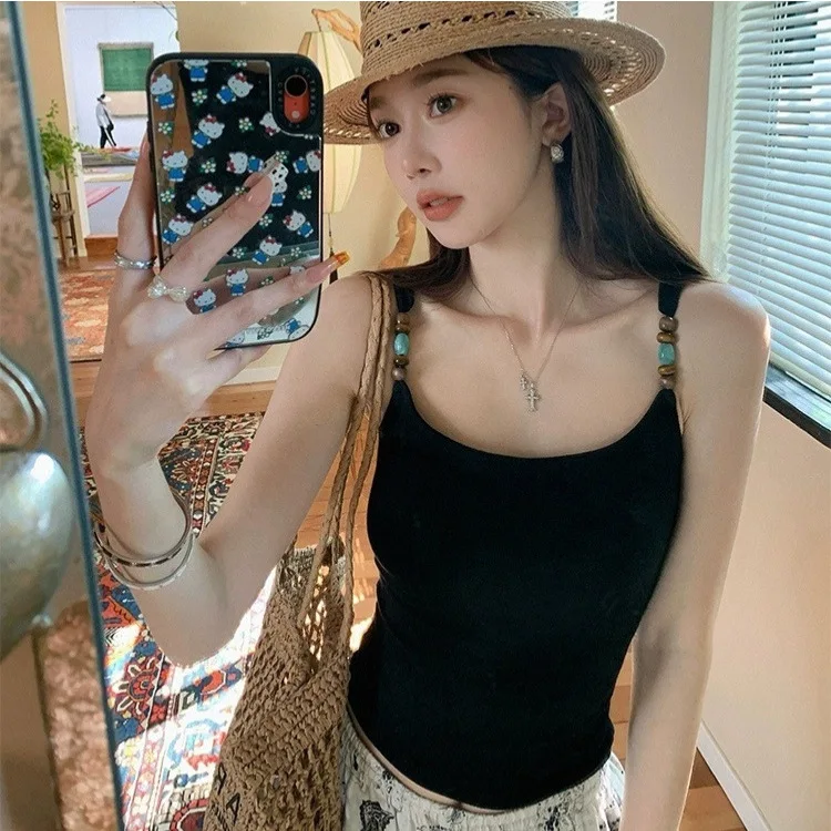 Summer New Sweet Bead oulder Strap Design ter Vest Slim Fit Inteated Chest Pad Versatile Top Women's Cotton U-ne Vest