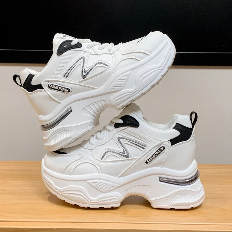 

Pop Fashion Chunky Platform Sneakers For Women Lace Up Non Slip Height Increase Vulcanized Shoes Woman White Thick Sole Sports S