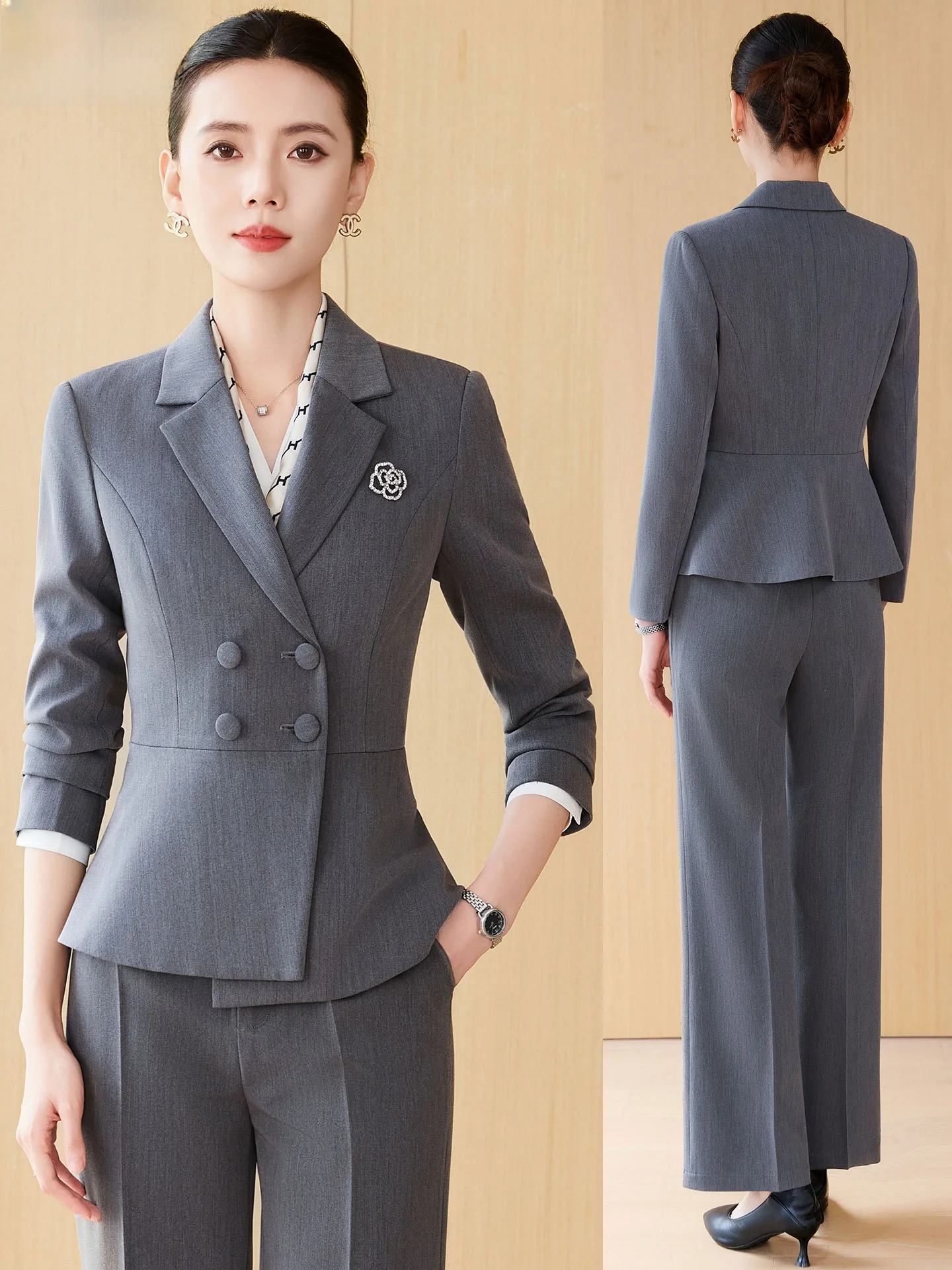 

Gray Suit Set for Women Professional Workwear Autumn New Arrival Elegant Beauty Salon Jewelry Store Uniform Intellectual Style