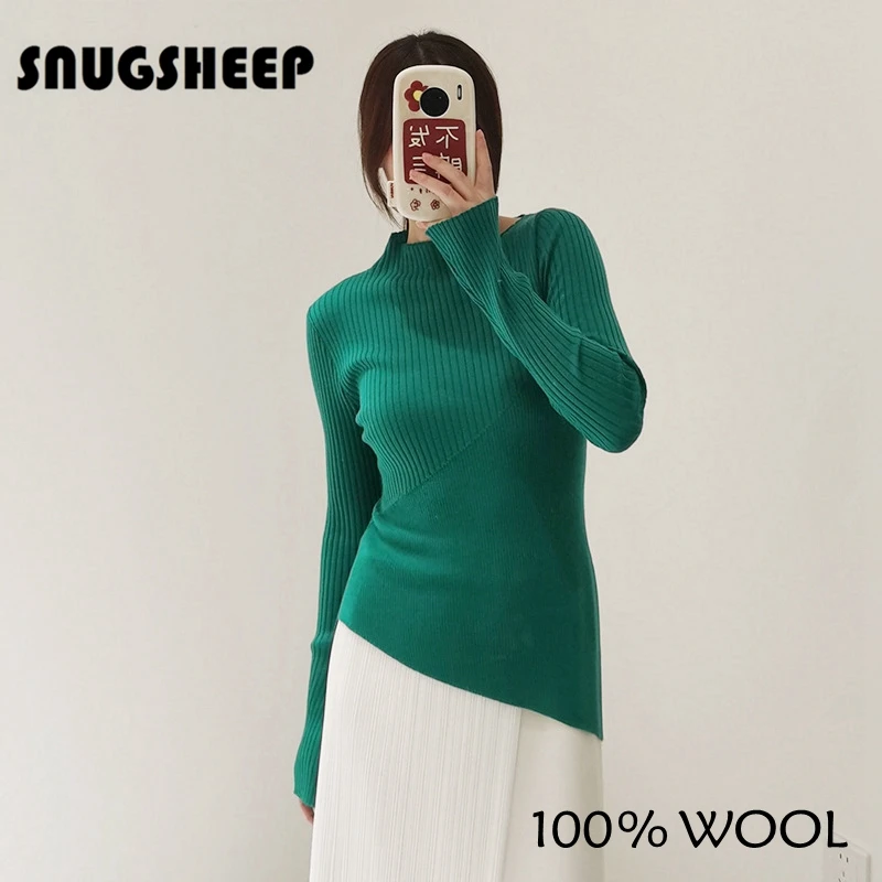 fashion pullover green top women asymmetric worsted wool sweater autumn slim elegant womens clothes luxury sweaters sexy shirt