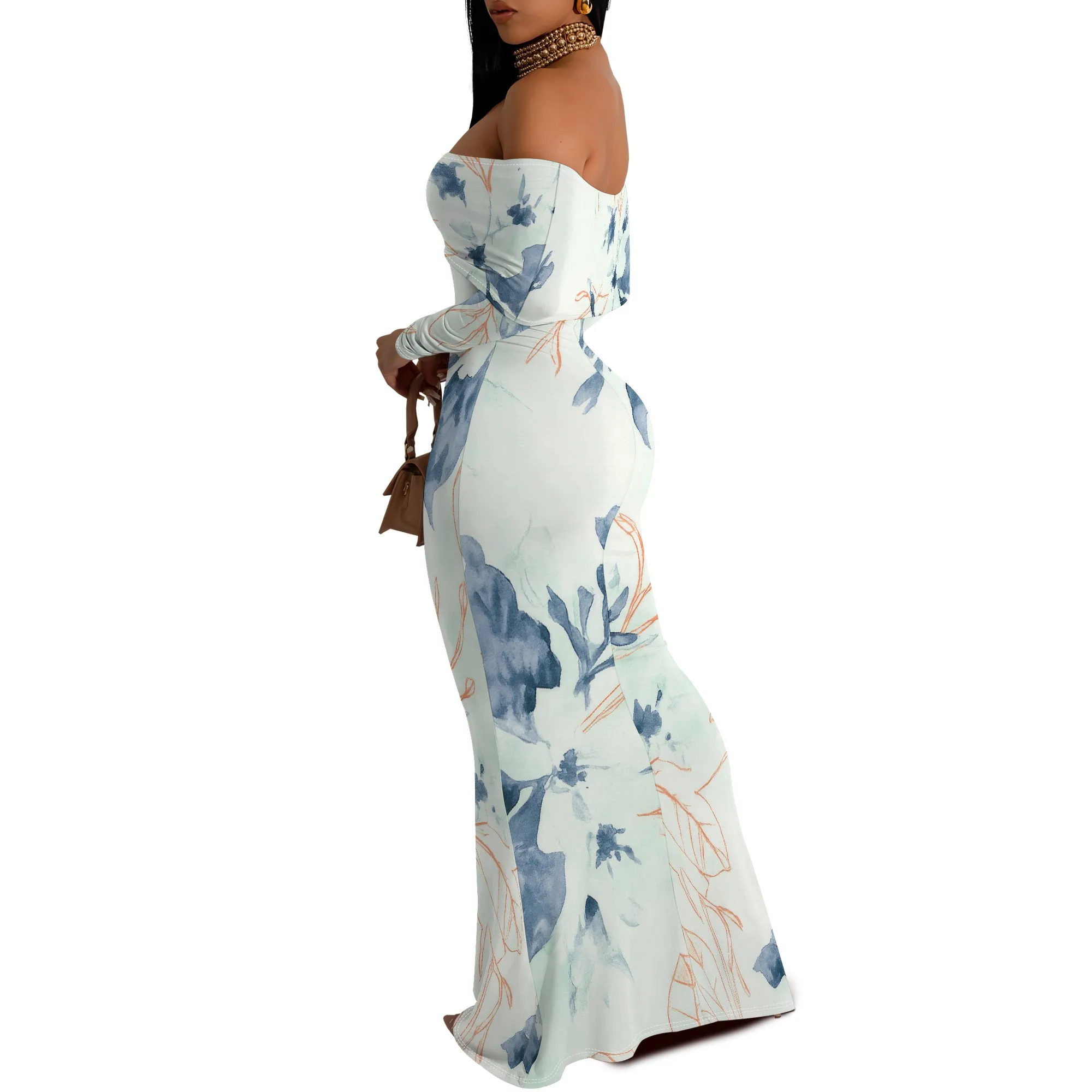 Women Formal Off Shoulder African Prints Sexy Bodycon Dresses Fashion Long Sleeve Backless Temperament Long Club Party Dress