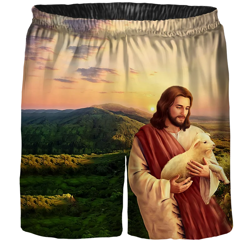 My God 3D Jesus Print Elastic Drawstring Design Pocket Pants Summer Comfort Soft Men's Shorts Casual Beach Shorts Ice Shorts