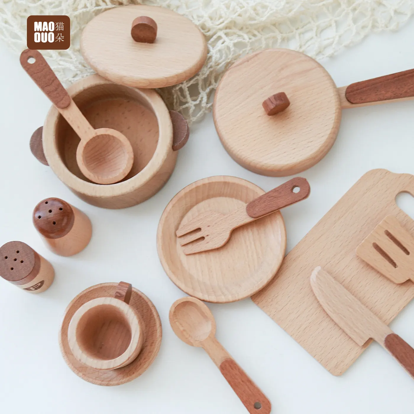 Maoduo Toys Beech Wooden Kids Kitchen Playset Cooking Utensils Pots Pretend Play Food Cutting Set Premium Gift For Kids Toddlers view 3