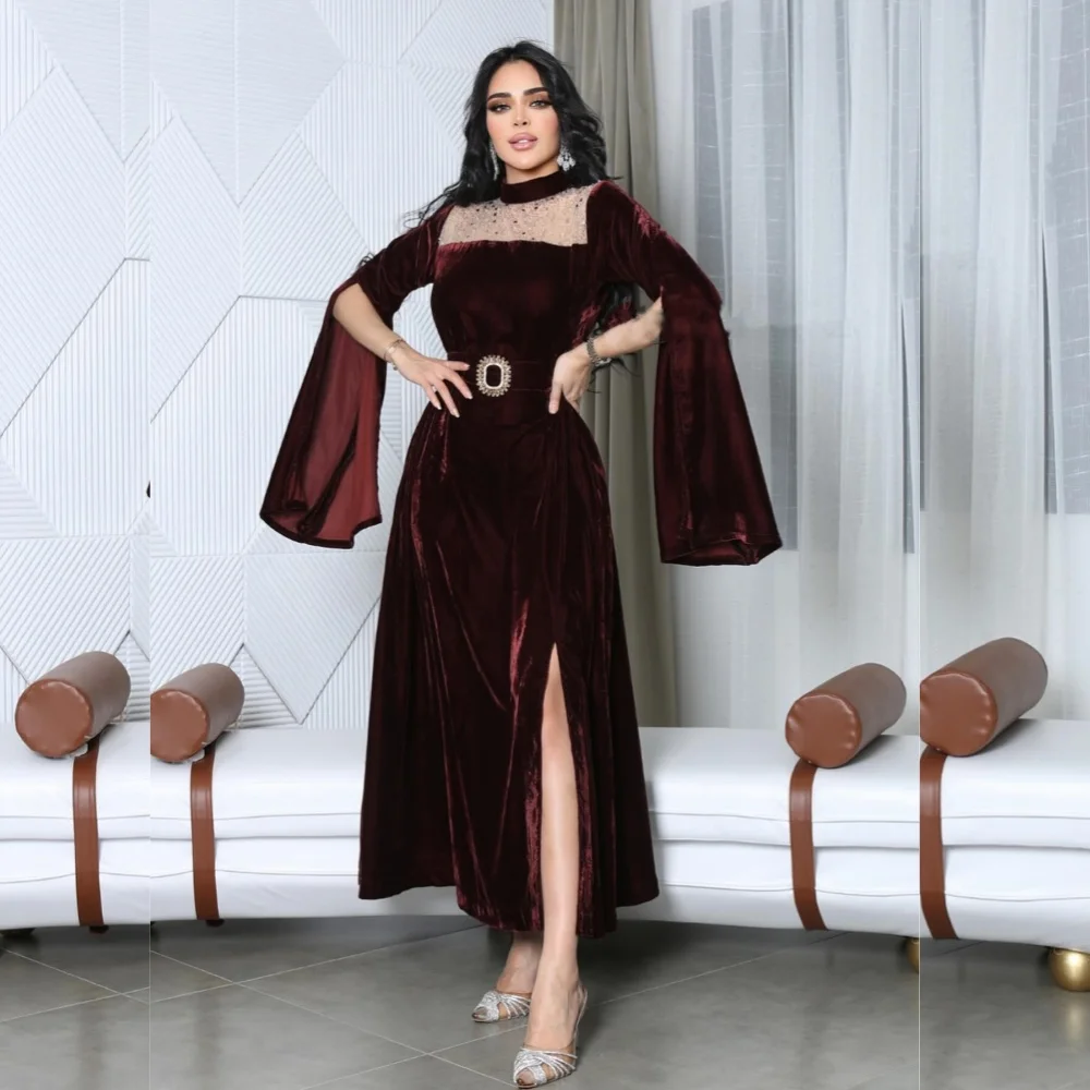 Customized  Velour Beading Sash Birthday A-line High Collar Bespoke Occasion Gown Midi es  Dresses