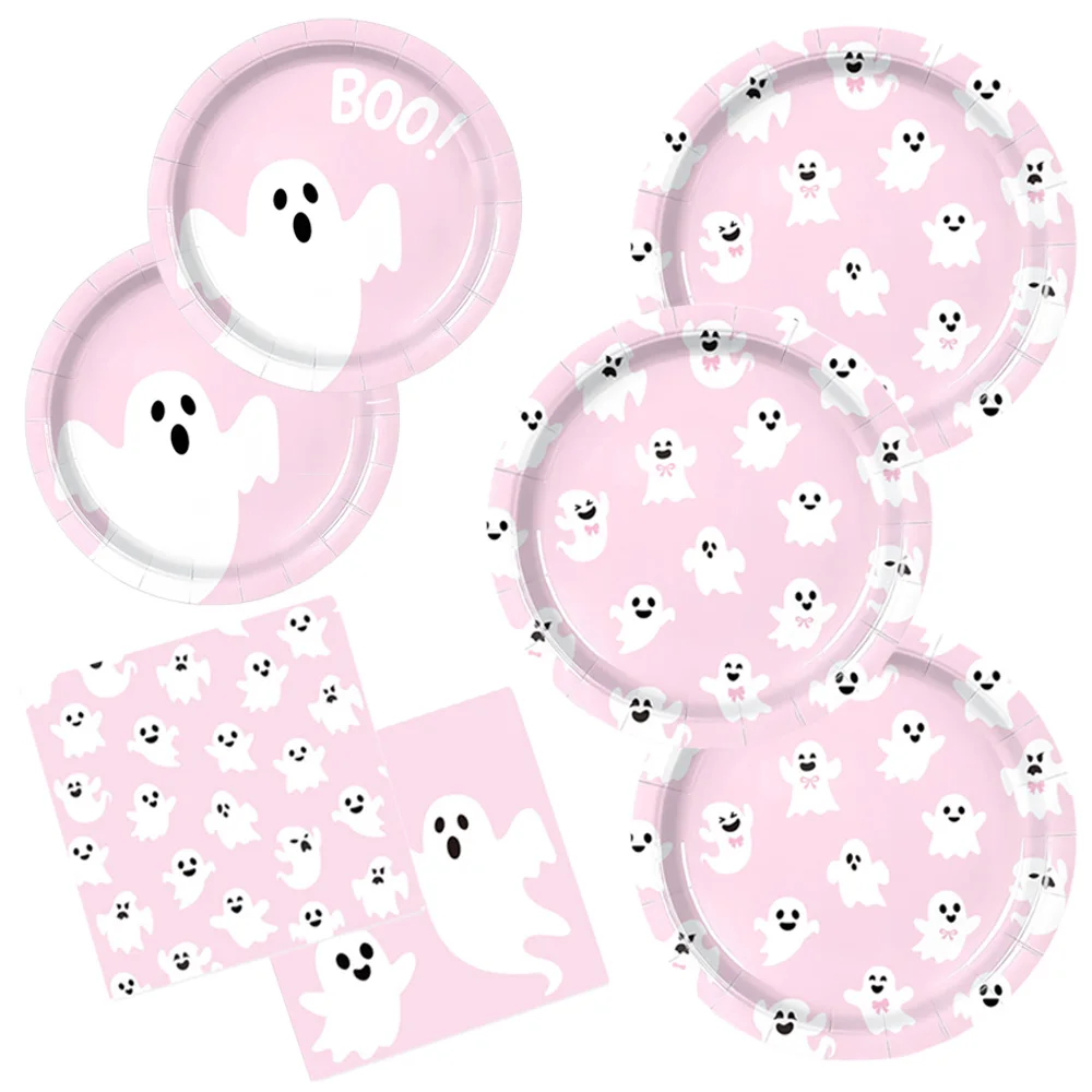 Pink Cute Ghost Halloween Disposable Tableware Paper Plates Cups Napkins Halloween Boo Themed Birthday Party Decor Supplies