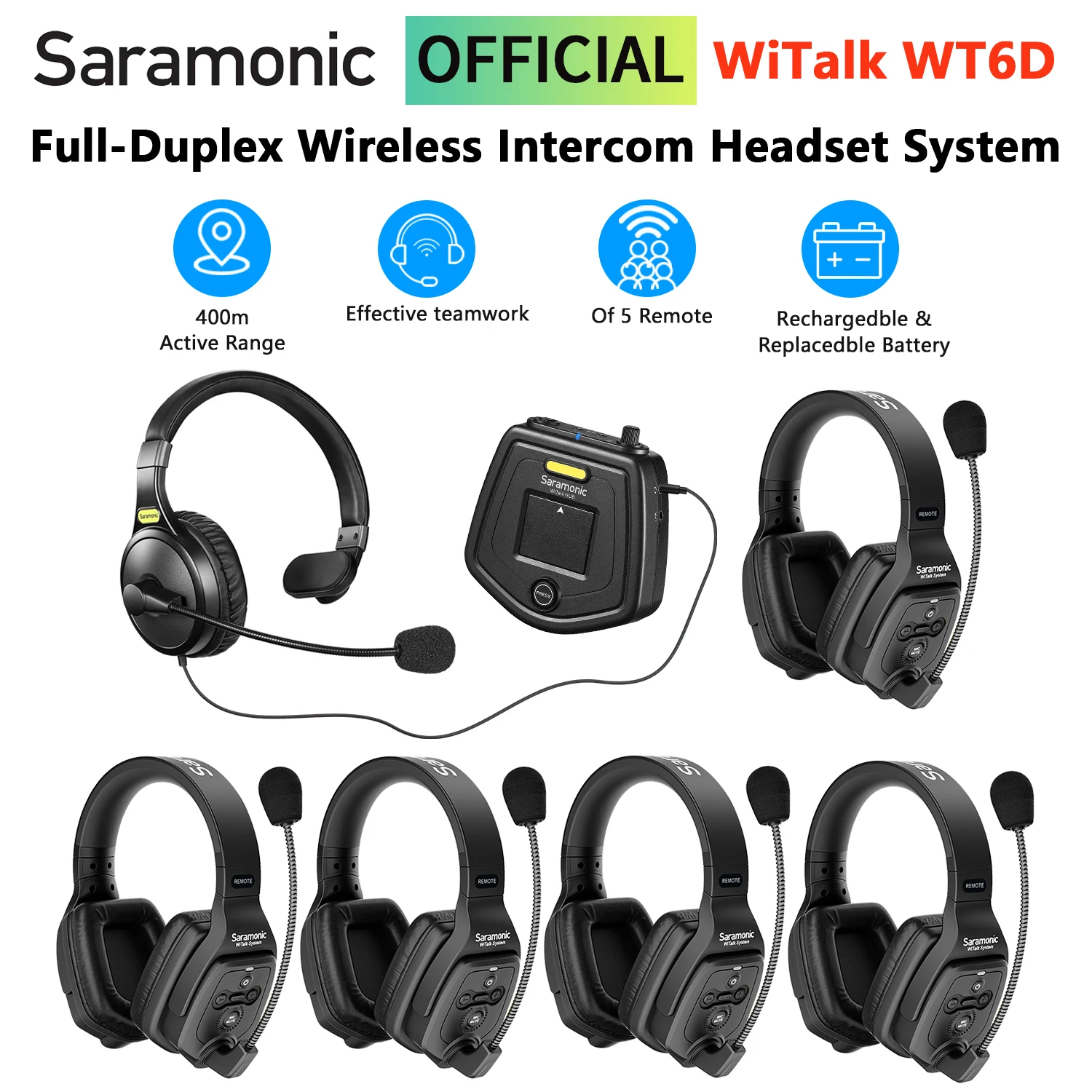 Saramonic WiTalk WT6D Full Duplex Communication Wireless Intercom Headset System Marine Boat Football Coaching Events Microphone