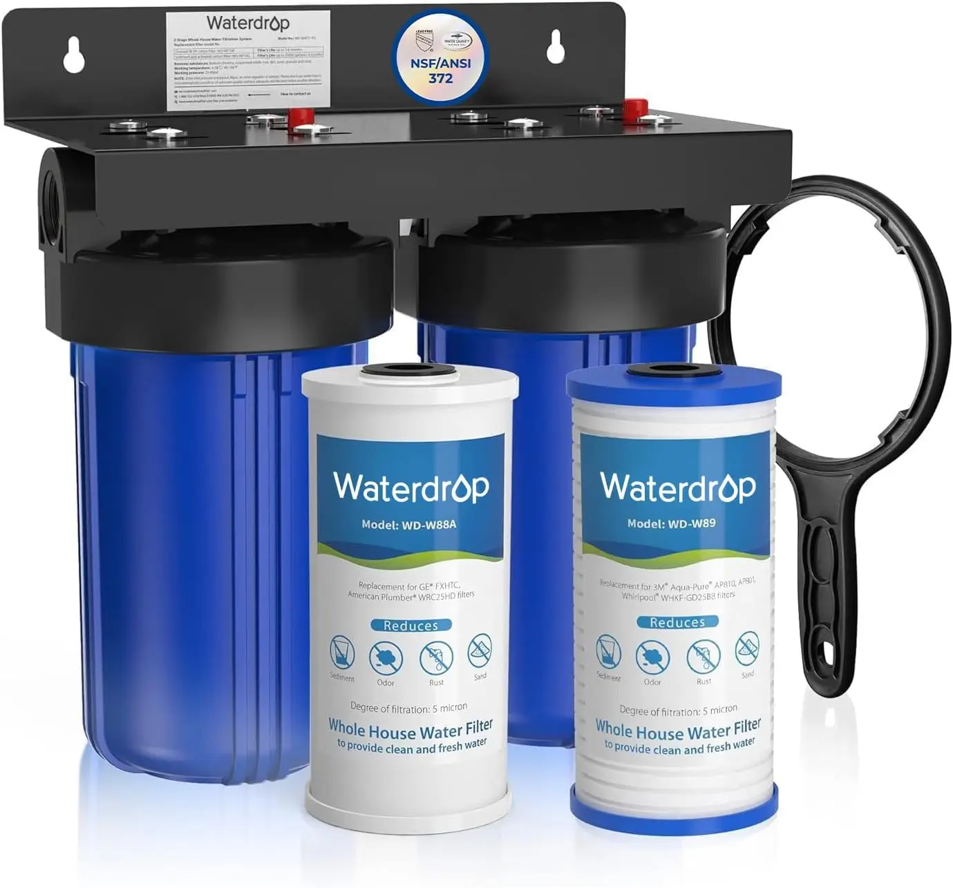 Waterdrop WHF21-PG 2-Stage Whole House Water Filter System, 5 Micron | Highly Reduces Lead, Chlorine, Odor and Taste, 5-Stage Filtration, with Carbon Filter and Sediment Filter, 1