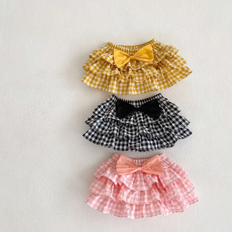 

INS Summer Baby Girls Shorts 0-3Years Newborn Kids Elastic Waist Plaid Bottom Layered Skirted Bow Bloomers One-Pieces Clothes