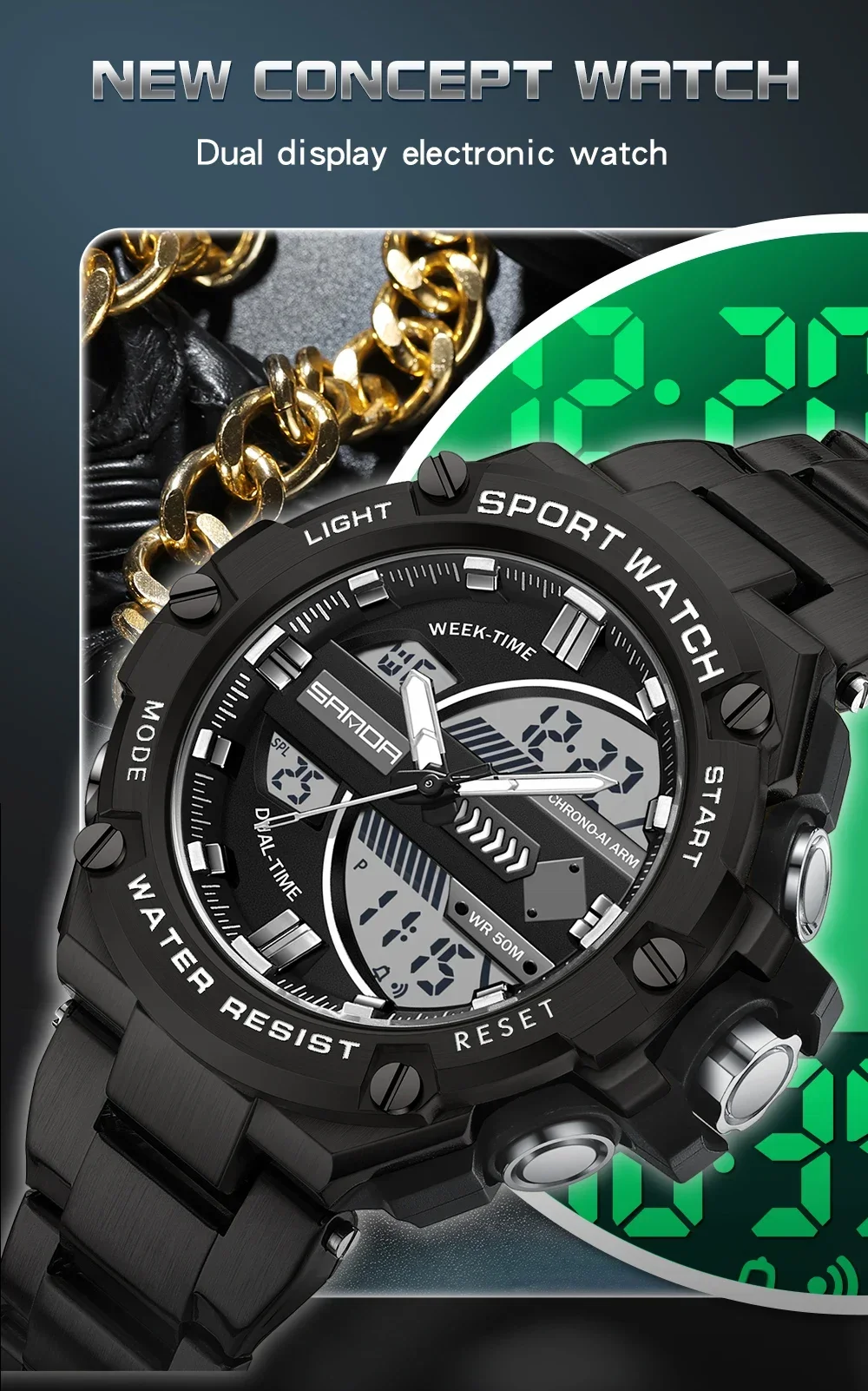 SANDA 3185  Waterproof Shock Resistant Outdoor Sports Chronograph Wristwatch New Design For Men Stainless Steel Strap Alarm Mode