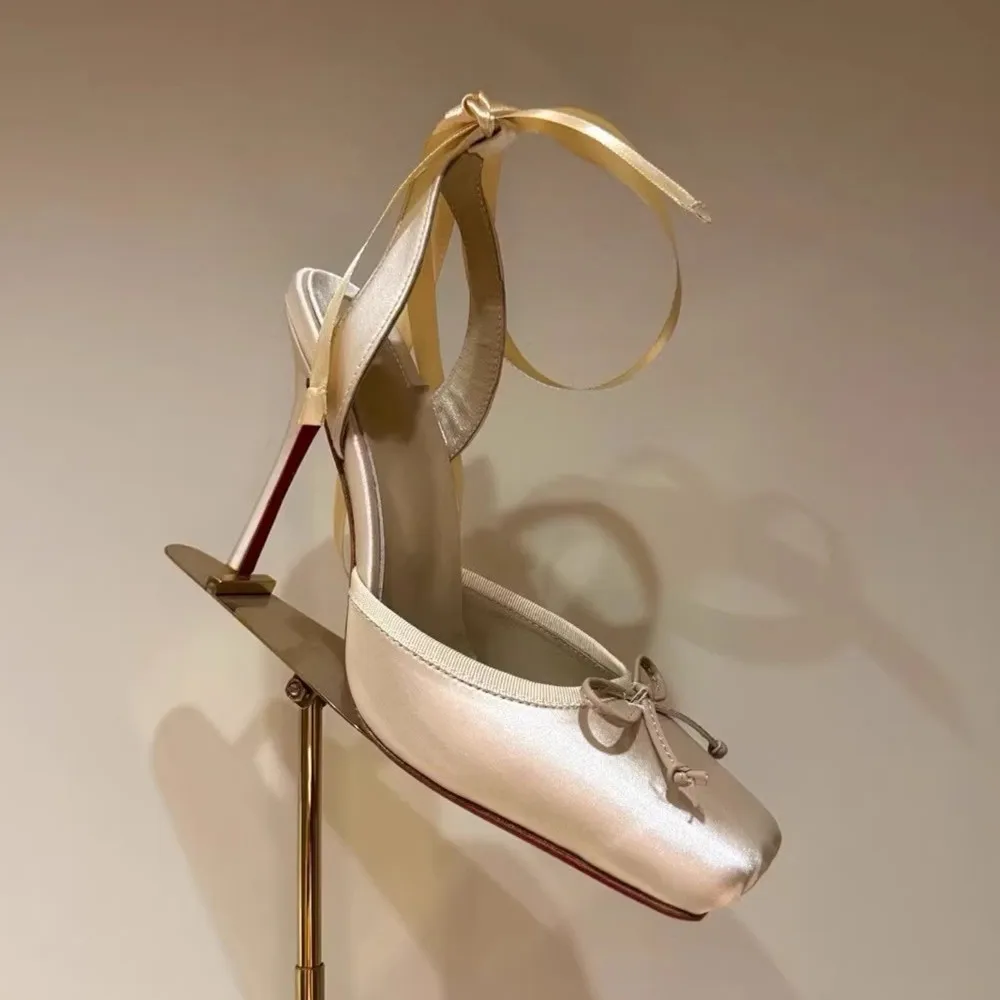 2026 Women Summer High Heeled Shoes for Woman\'s Square Toe Thin Heels Butterfly-Knot Pumps Sexy Ladies Ankle Strap Wedding Shoes