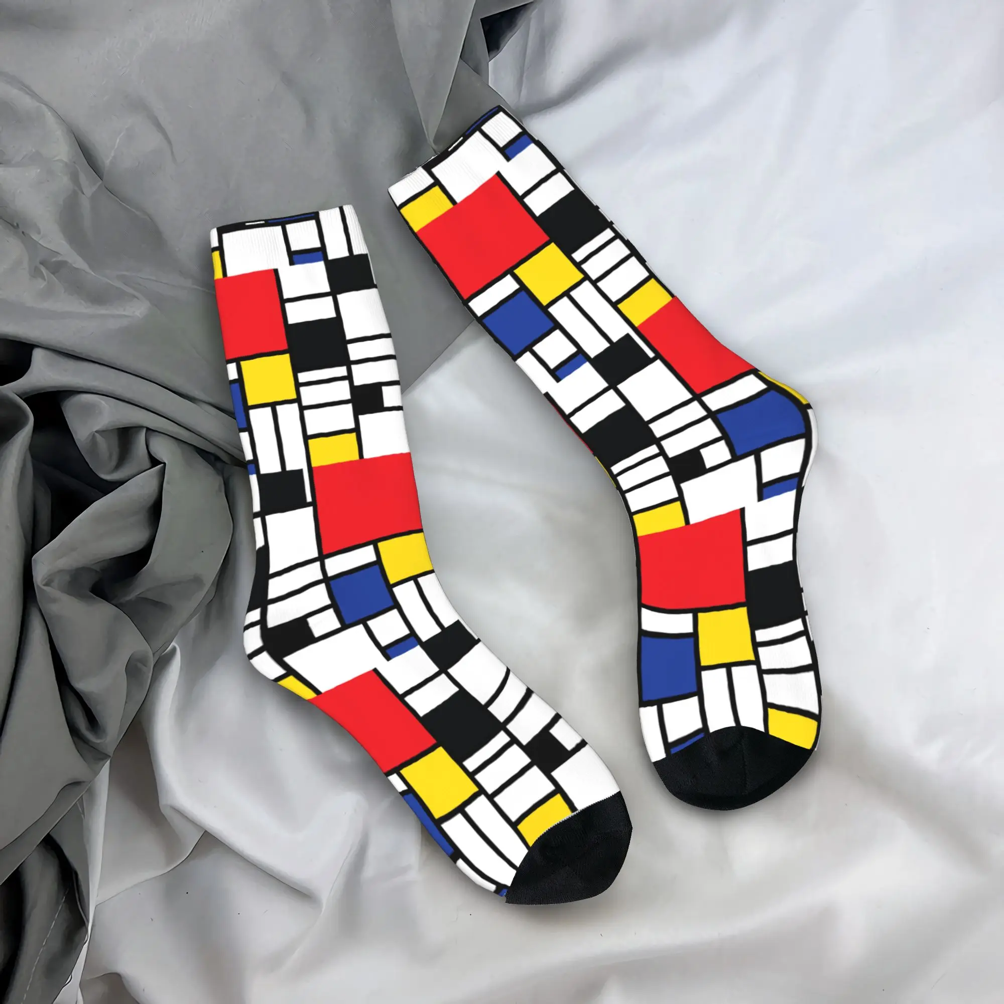 ถุงเท้าแฟชั่นผู้ชายลาย Mondrian De Stijl แบบยูนิเซ็กซ์ อุ่นสบาย ระบายอากาศได้ดี พิมพ์ลาย 3 มิติ ศิลปะนามธรรม สีสันสดใส
