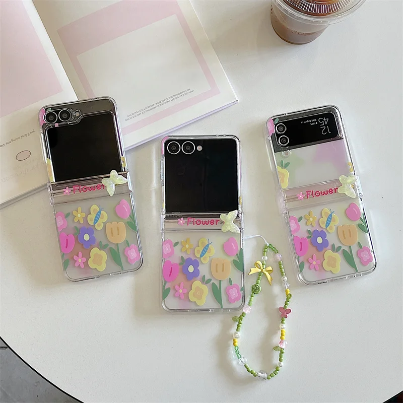 

Cute Floral Butterfly Clear Phone Case with Beaded Lanyard For Samsung Galaxy Z Flip 7 6 5 4 3 Foldable Protective Cover For Gir