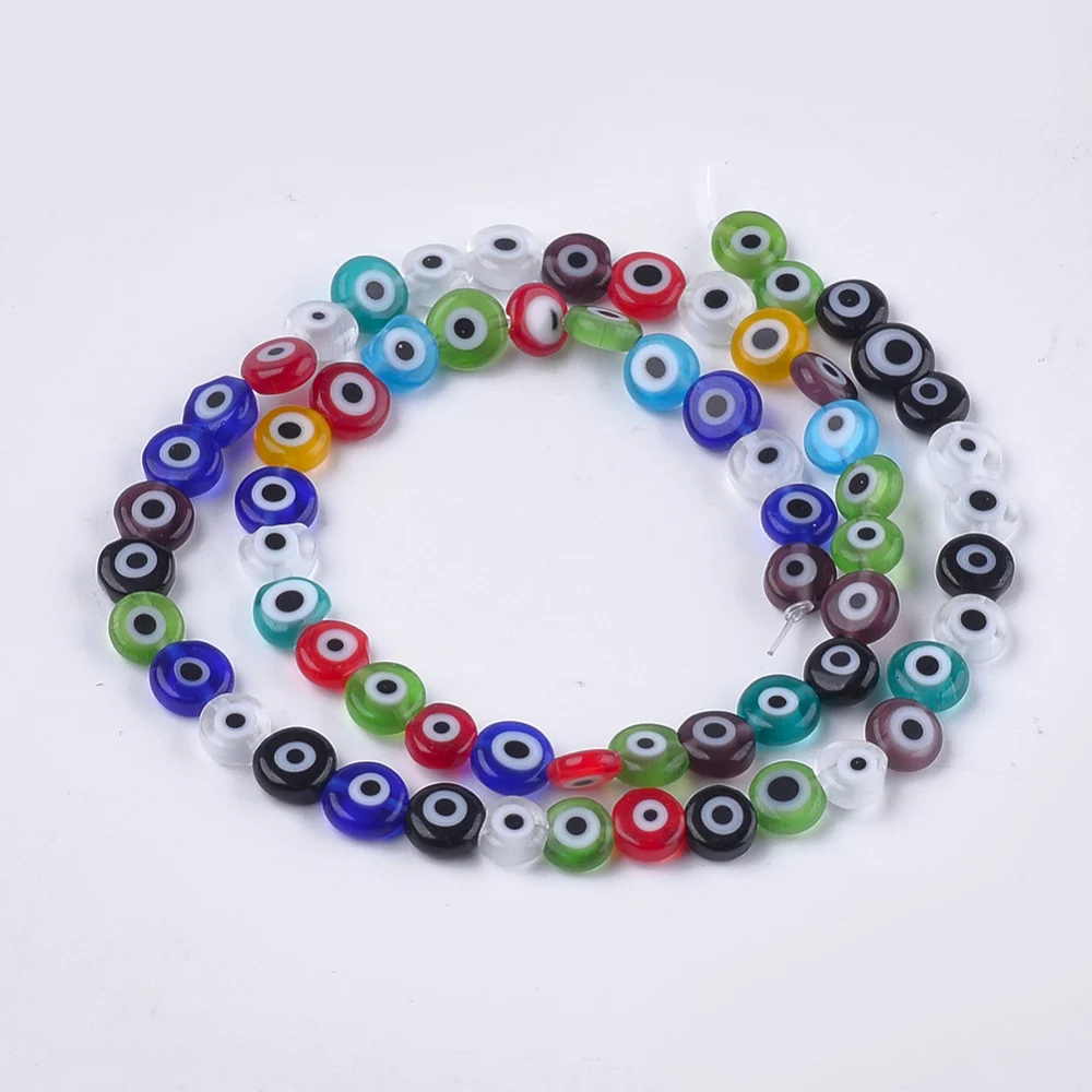 Handmade Evil Eye Lampwork Beads Strands Flat Round Mixed Color 6x2.5mm Hole: 1mm about 64~65pcs/strand 14.1 inch~14.5 inch