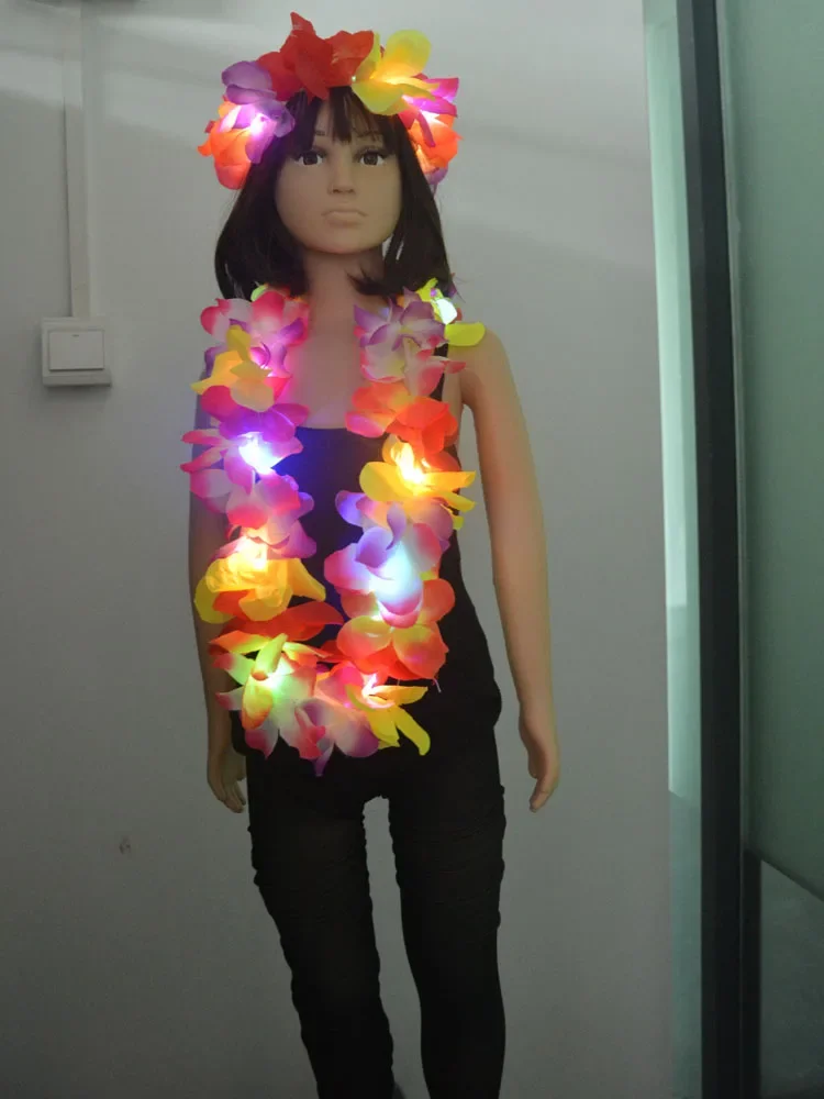 10pcs Light up Hawaiian Flower Necklaces Leis Luau Beach Hula Garland Hawaii Holiday Birthday Gift Glow Party Wedding Festival