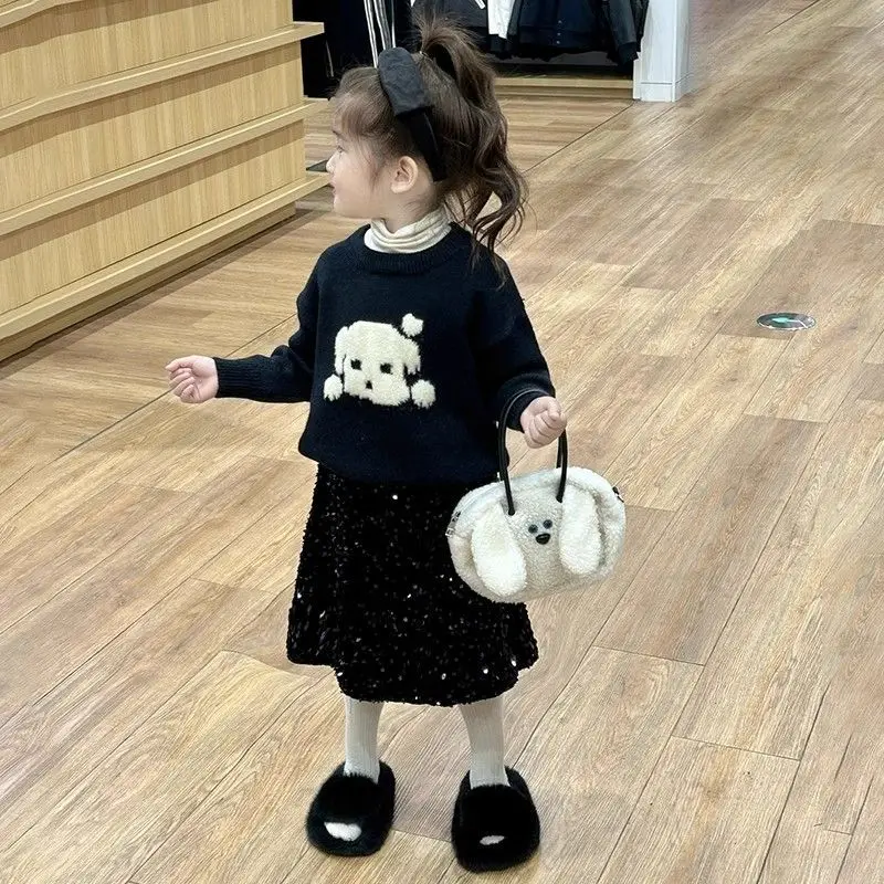 

2025 Autumn Winter New Korean Style Cute Puppy Sweater Skirt Set for Girls Sequins Fleece Lined Half Skirt Children's Outfit