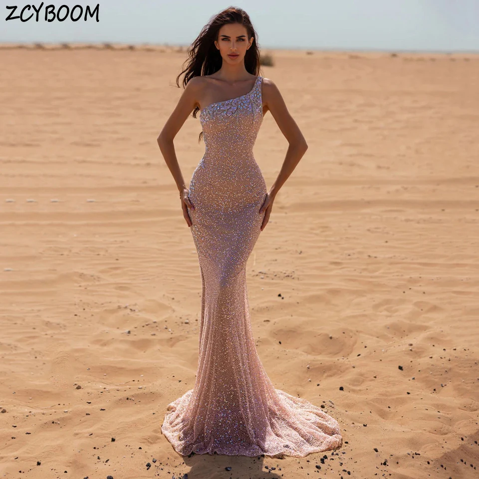 

Charming Sequin Shiny One-Shoulder Crystal Sleeveless Evening Dress 2025 Mermaid Floor Length Sweep Train Zipper Prom Dress