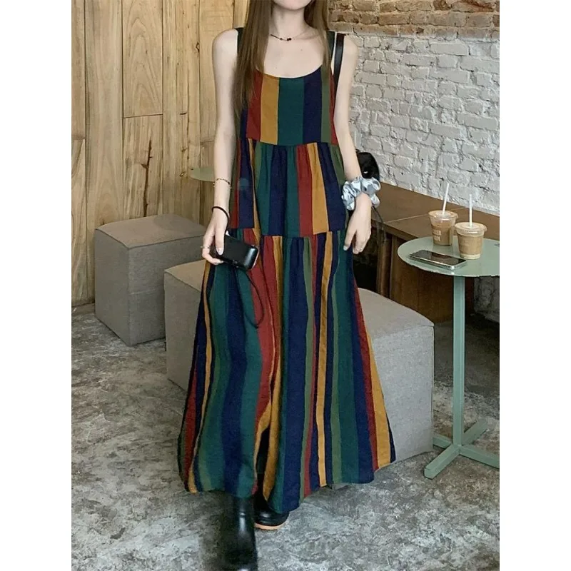 Splice Artistic Style Rainbow Bar Suspenders Dresses Female Summer Loose Fallow Temperament Nightdress Can Be Worn Outside