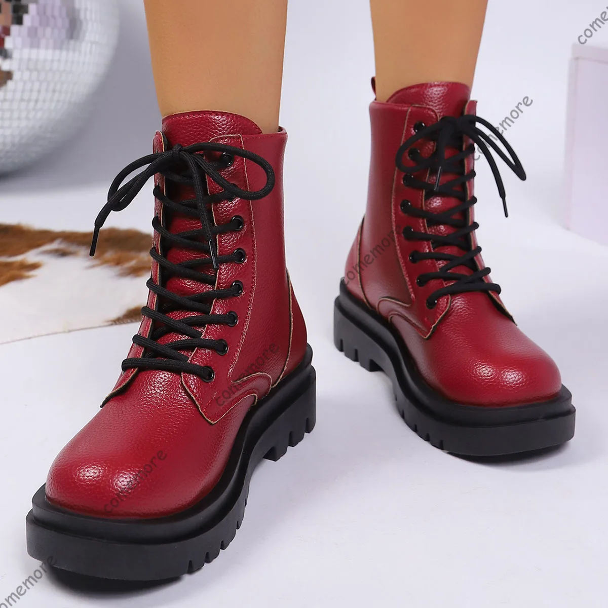 Comemore Lace Up Ankle Boots Women Pu Leather High Heel Botas for Woman Spring Autumn Thick Bottom Plus Size 36-43Booties Female