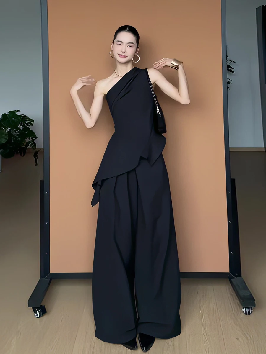 

Summer 2026 Korean Style Women's Fashion Set High Waist Slim Straight Leg Pants off Shoulder Oblique Collar Uneven Hem Vest