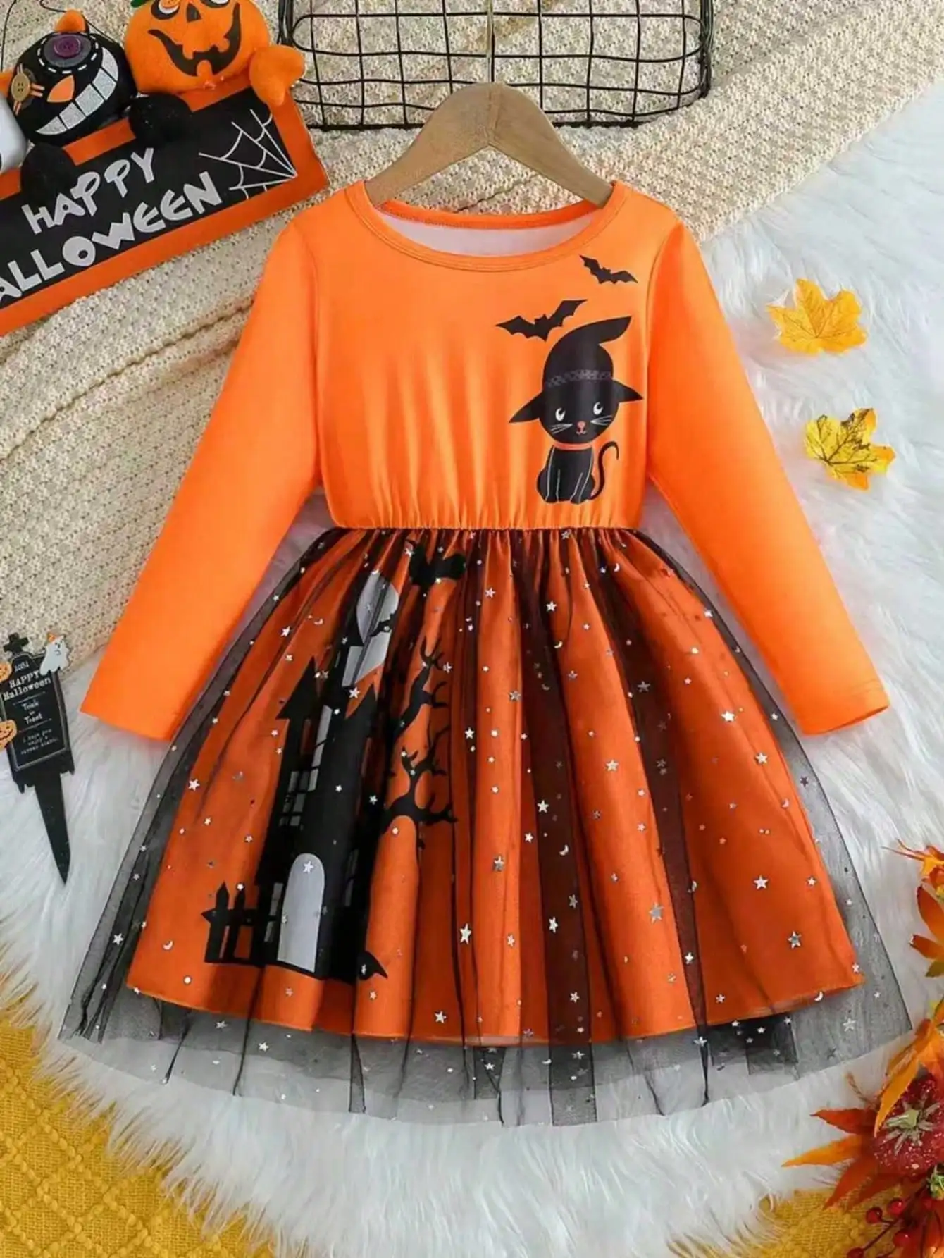 Halloween-Kleid für Kinder mit Katzenmuster, bequem, mit Rundhalsausschnitt, langen Ärmeln und einem Netzstoff-Ausschnitt an der Taille. – Detail 3