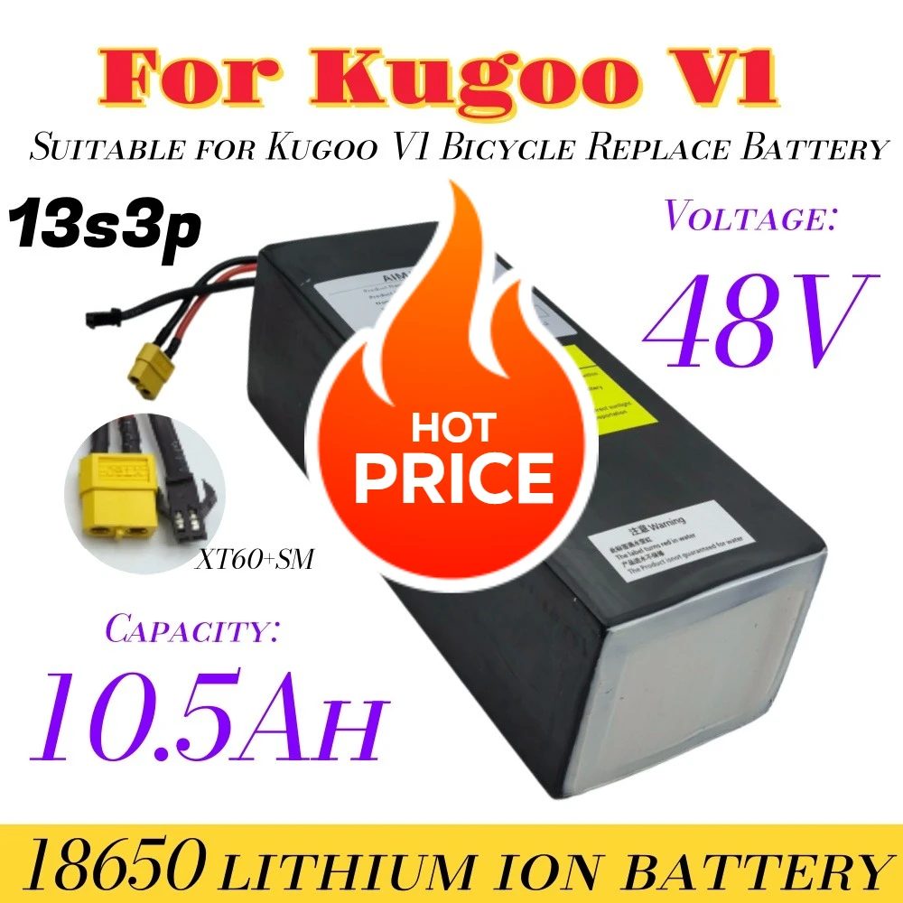 

For Kugoo V1 Electric Bicycl 13S3P Lithium Ion Battery Pack 48V 10.5Ah Rechargeable Battery 10500mAh With BMS