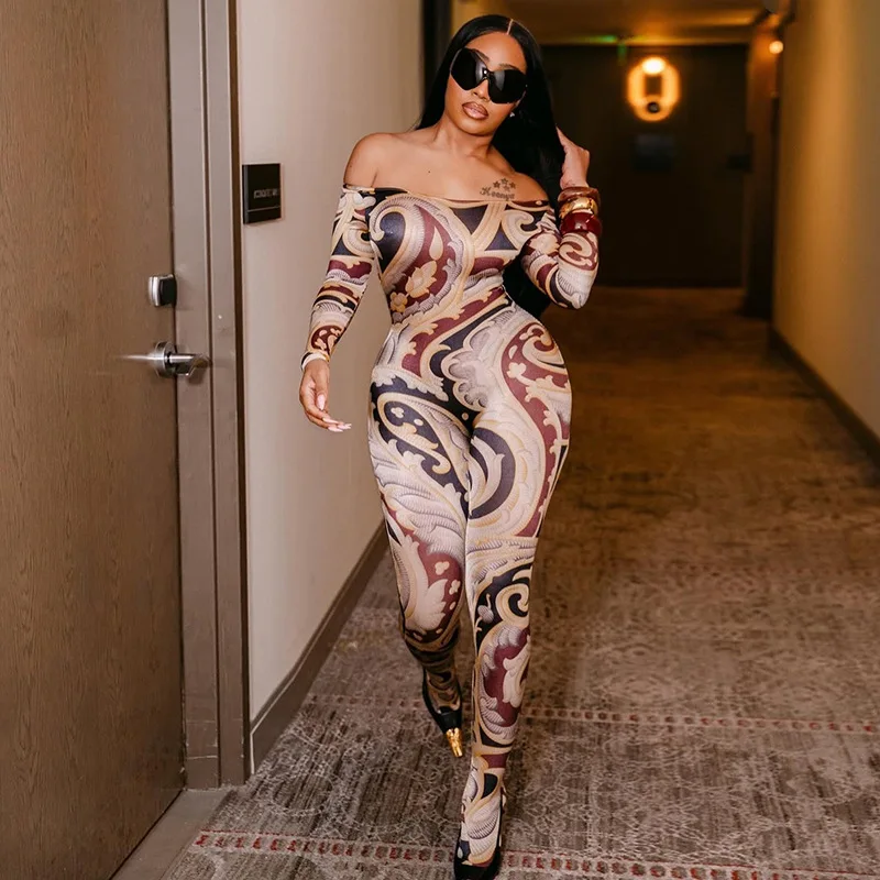 

Stylish Lady Off the Shoulder Geometrical Printed Jumpsuits 2025 Autumn Women Slash Neck Hipster Nightclub Party Footed Overall