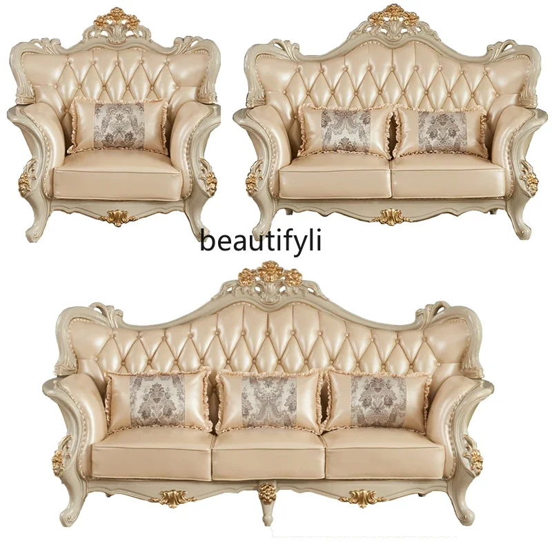 

European-Style Leather Sofa Solid Wood Carved Living Room Large Apartment French Villa Luxury High Grade Gray