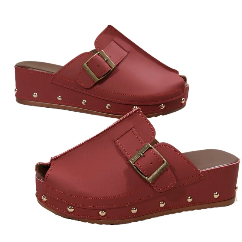 

New Women's Platform Slippers New Round Head Deep Mouth Rivet Metal Buckle Anti-slip Wear-resistant Sandals Baotou Slippers