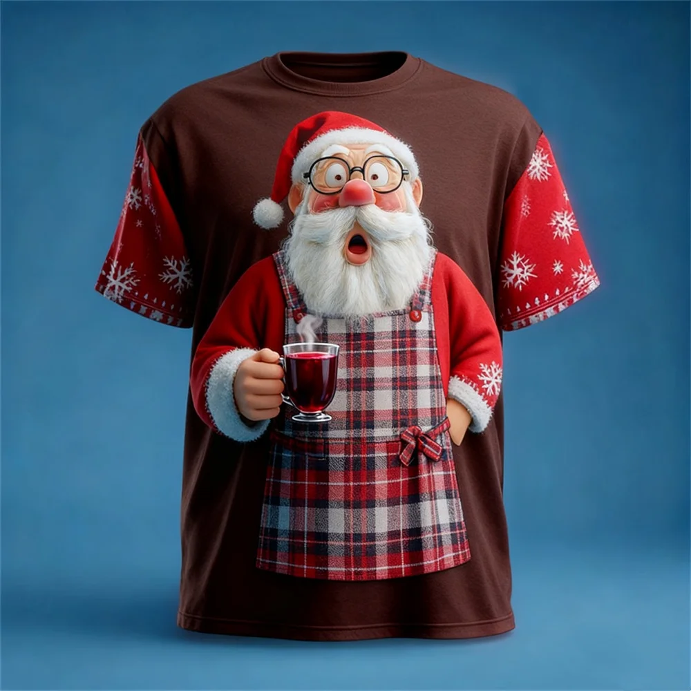 

3D Cooking Santa Clause Graphic Men's T-Shirt Fashion Creative Design Short Sleeve Top Christmas Theme Casual Round Neck Clothes