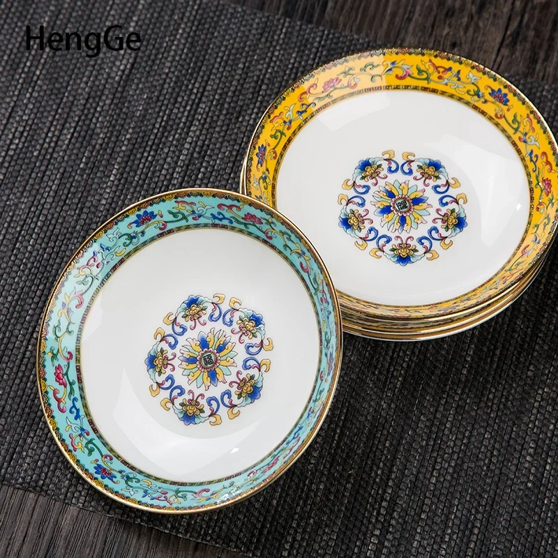 Chinese Style  Palace Relief Ceramic Plate Golden Side Enamel Dessert Dinner Plates Seasoning Dishes Table Decor Sushi Plate