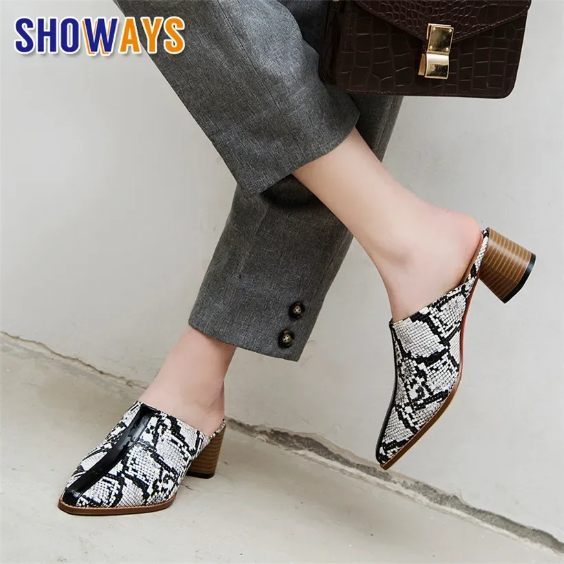 Big Size 44 Faux Snakeskin Women Mules High Block Heels Pointed Toe Pumps White Casual Slip-on Summer Outdoor Sexy Lady Slippers