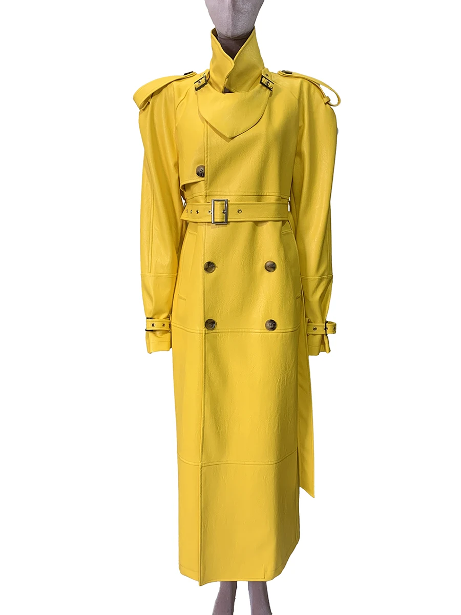 Spring Autumn Extra Long Bright Yellow Faux Leather Trench Coat for Women Shoulder Pads Double Breasted Luxury Designer Clothes