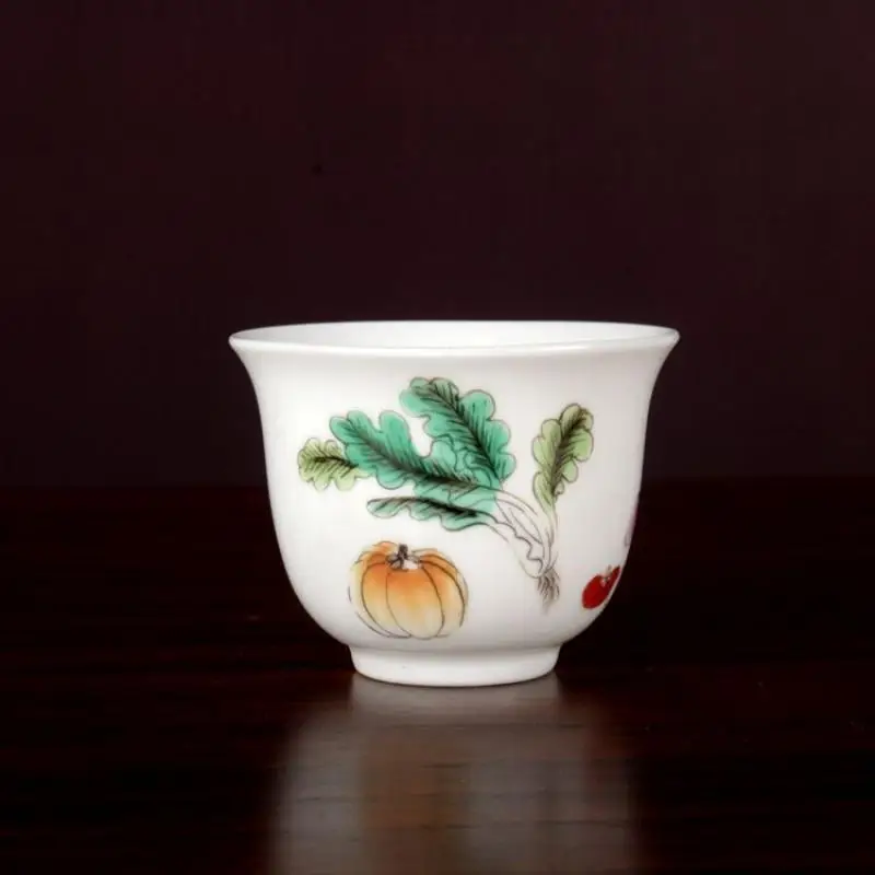 2.6" Chinese Famille Rose Porcelain Pumpkin Vegetable Leaf Cup