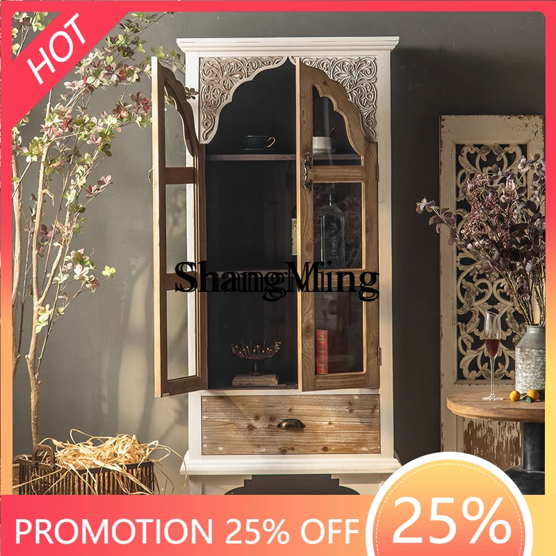 

ZYY retro dining side decorative cabinet art carved entrance homestay against the wall living room solid display cabinet