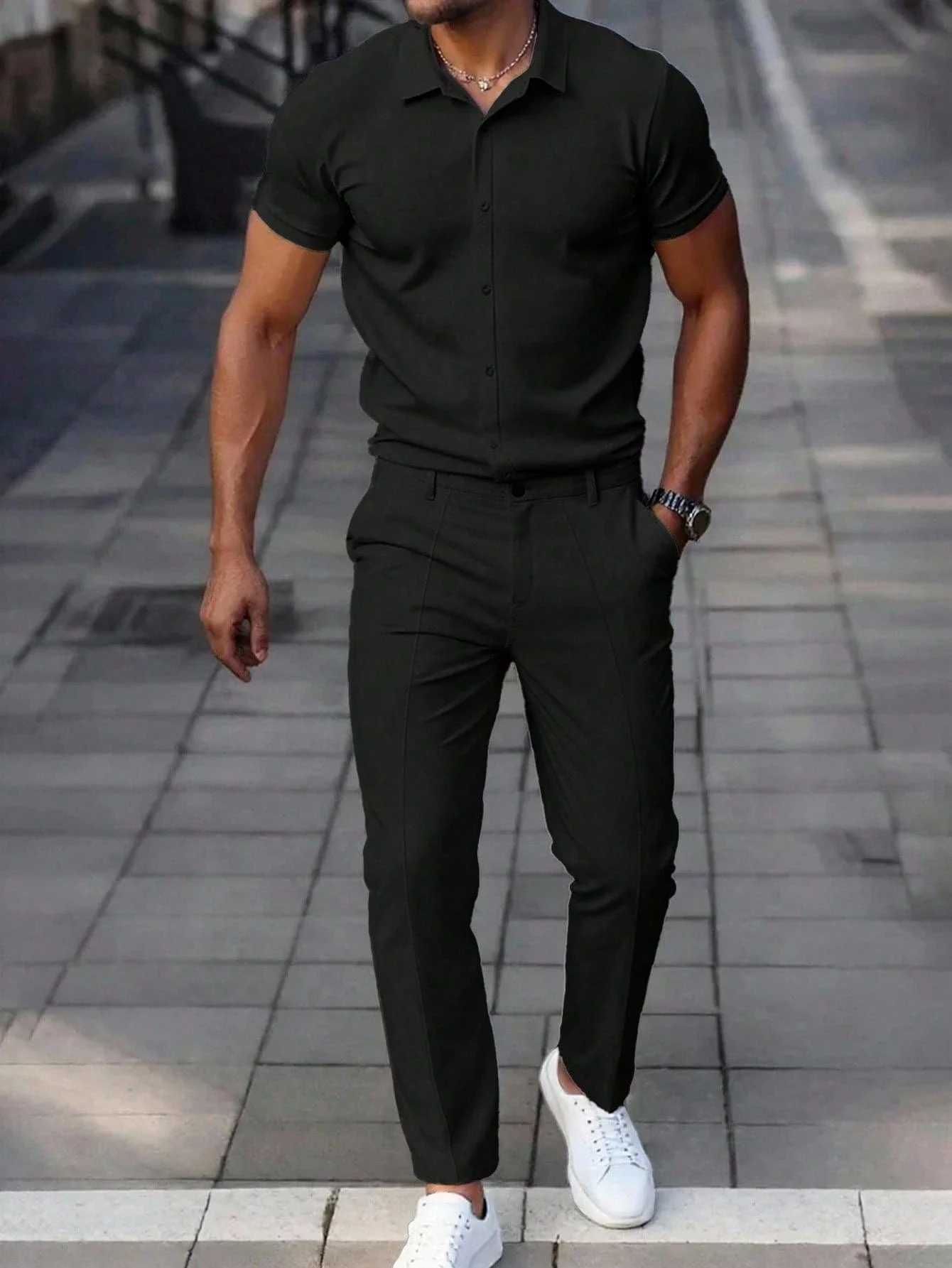 

Мужской повседневный комплект: рубашка с коротким рукавом и брюки однотонного цвета