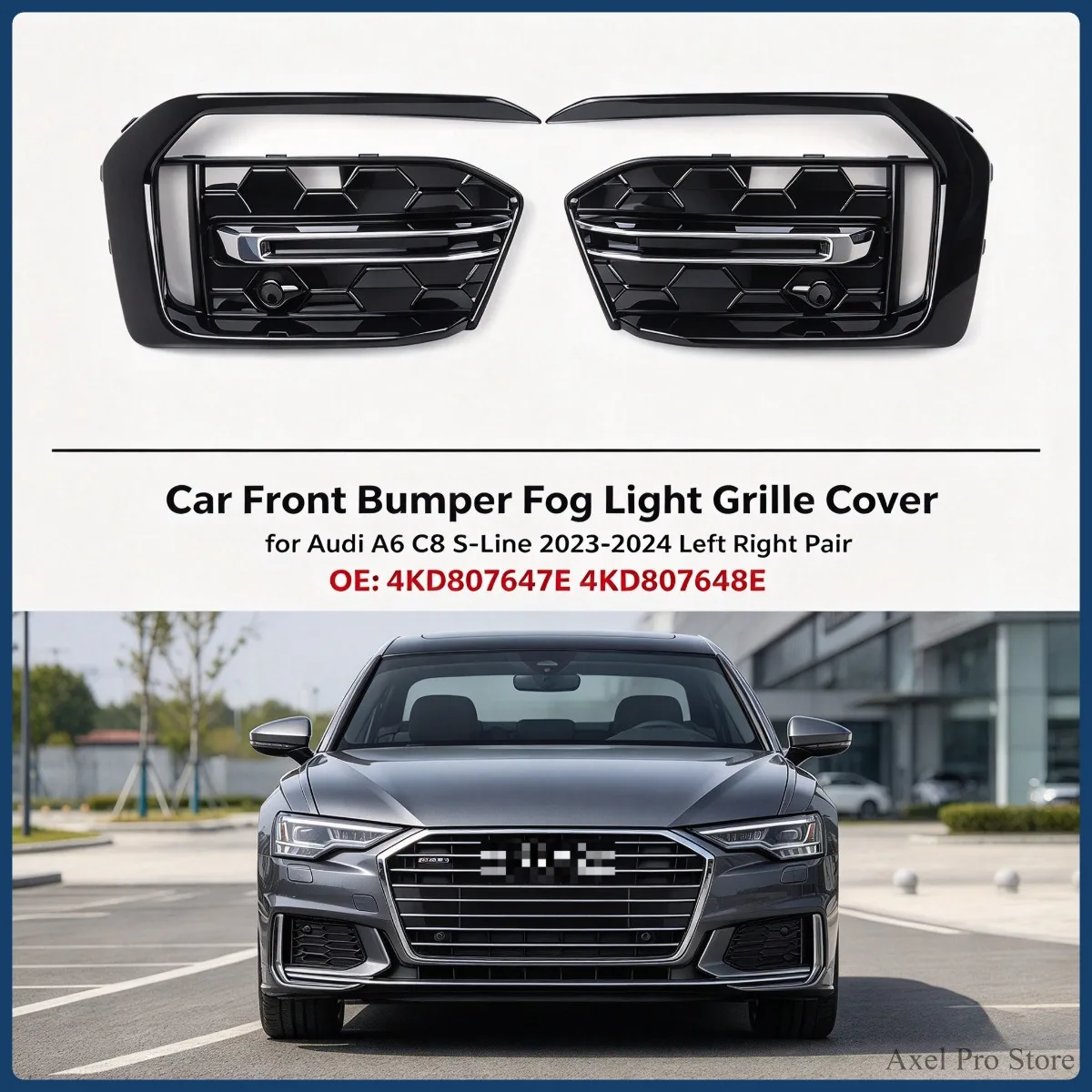 Car Front Bumper Fog Light Grille Cover for Audi A6 C8 S-Line 2023-2024 Left Right Pair 4KD807647E 4KD807648E