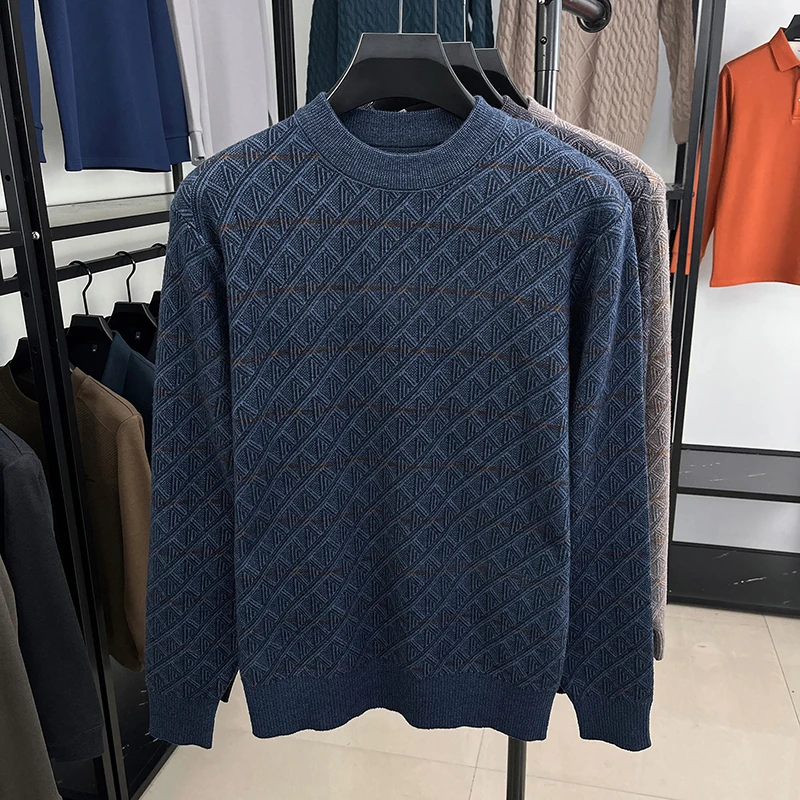 Men's Knitted Sweater Long Sleeve Crew Neck Geometric Pattern Thickened Soft Warm Autumn Winter Classic Fashion Casual Mens Wear