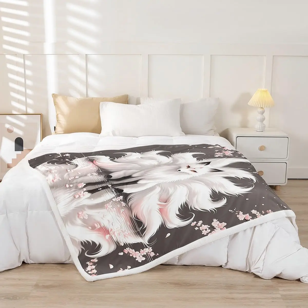 White Nine Tailed Fox Cherry Blossom Reflection Print Flannel Blanket Soft Throw For Sofa Bedroom Indoor Daily Home Decor Gift