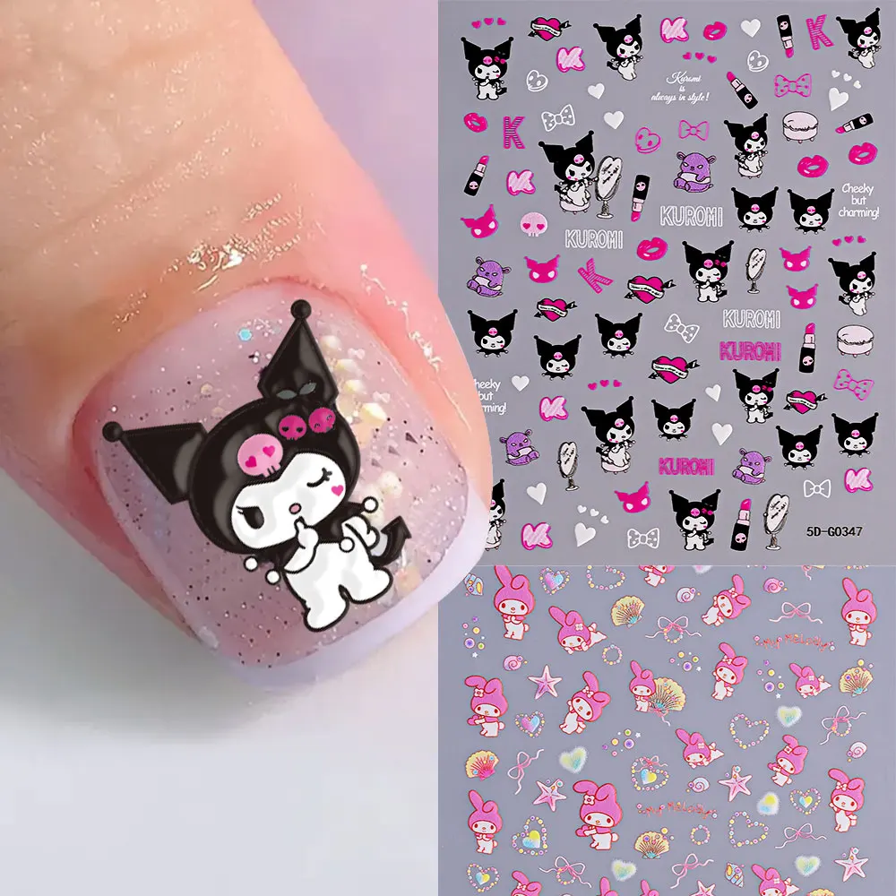 1 Stück 5D Cartoon Hallo Kitty Kuromi Nagelaufkleber Kawaii Cinnamoroll My Melody Klebeaufkleber Anime Sliders Maniküre Dekoration