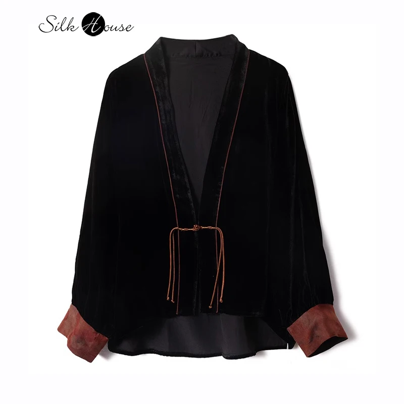 

2024 Autumn New Black Tassel Pan Button Chinese Style Design 30% Natural Mulberry Silk Velvet Comfortable Women's Casual Top