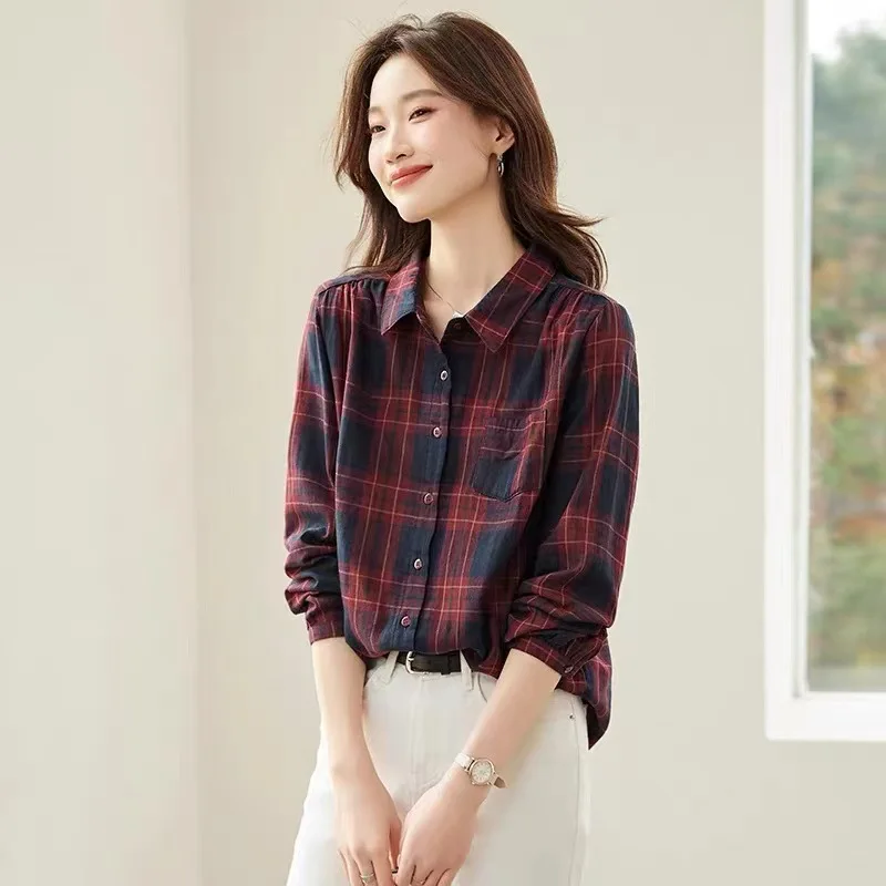 Trendy Red Plaid Long Sleeve Women's Shirt Loose Color Block Spring Autumn Cotton Polyester Commute Style Easy Care