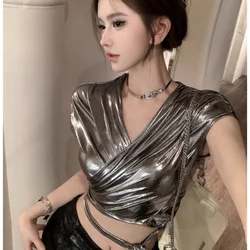 American Sweet Spicy Strappy V-neck Short-sleeved T-shirt for Women in Summer Elegant Sexy Slim and Versatile Niche Short Tops