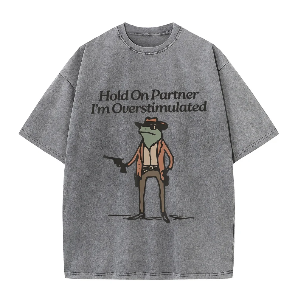 Hold On Partner I'm Overstimulated Cowboy Frog Vintage T-Shirt Y2k T Shirt Men's Fashion Man Clothes Multi Color Plus Cotton
